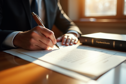 Main d'un avocat signant un contrat avec le Code civil à côté
