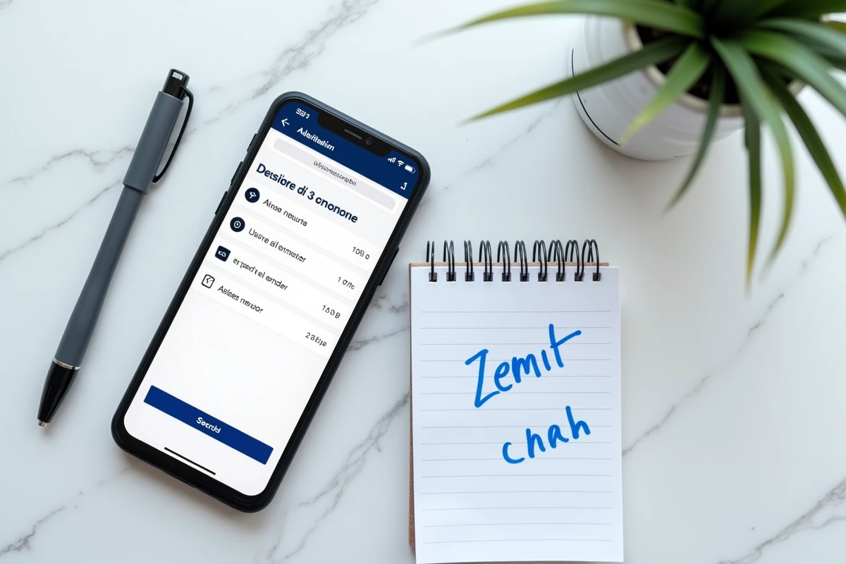 Vue de dessus d'un smartphone affichant une recherche d'annuaire inversé Pages Blanches avec un numéro inconnu, posé sur du marbre avec un carnet de notes