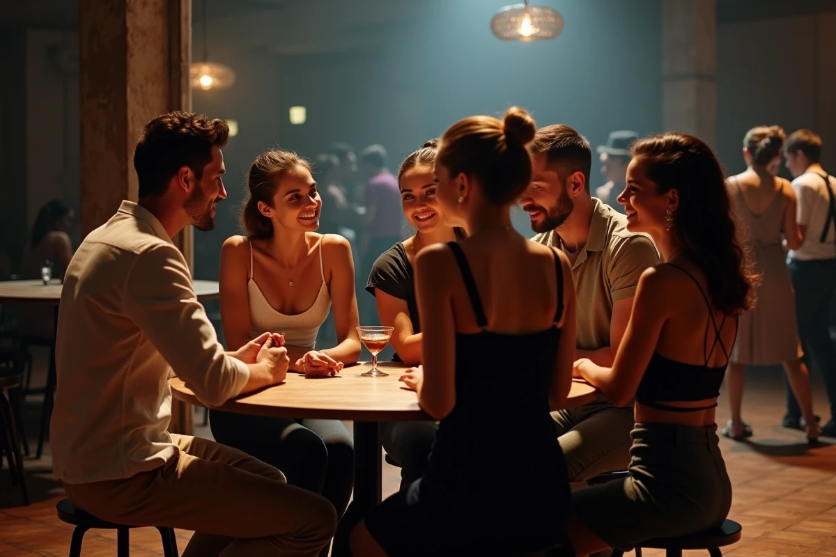 Groupe de danseurs adultes réunis lors d'une soirée sociale de zouk et kizomba dans un entrepôt converti en salle de danse, ambiance conviviale et candide