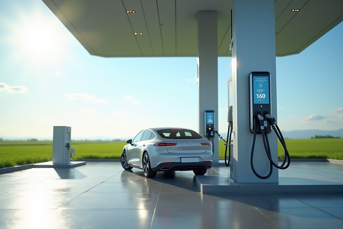 Pompe à hydrogène moderne dans une station écologique avec voiture