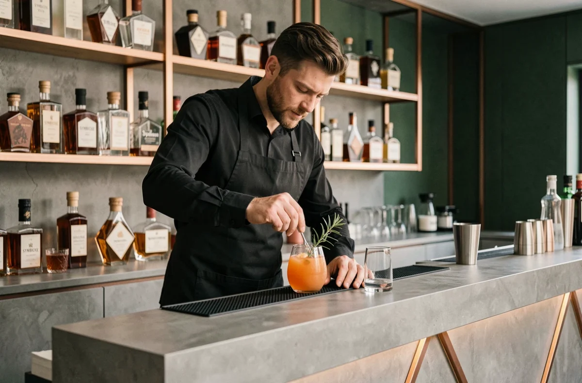 Barman préparant un cocktail sophistiqué au bar Symbiose à Bordeaux, décor minimaliste en béton et cuivre