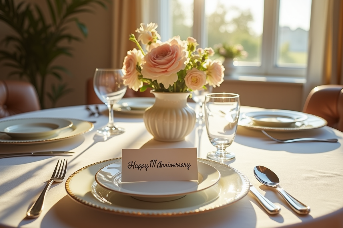 Table élégante pour deux avec centre floral et carte anniversaire