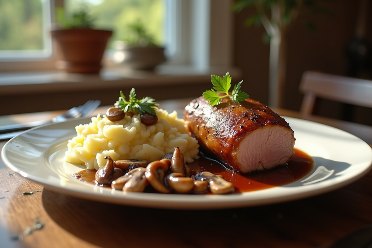 Table rustique avec confit de canard et purée de pommes