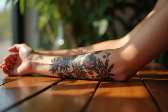 Poignet d'une femme avec tatouages floraux et géométriques