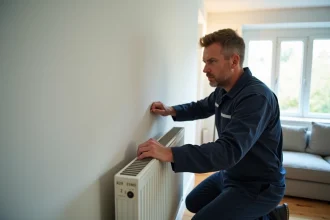 Technicien chauffage en action installant un radiateur moderne