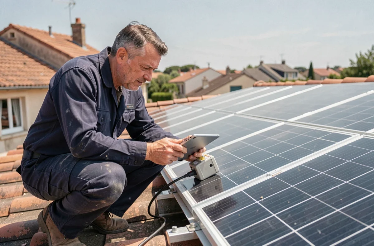 Technicien inspectant des panneaux solaires résidentiels sur un toit pour un contrat EDF OA Solaire