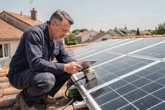 Technicien inspectant des panneaux solaires résidentiels sur un toit pour un contrat EDF OA Solaire