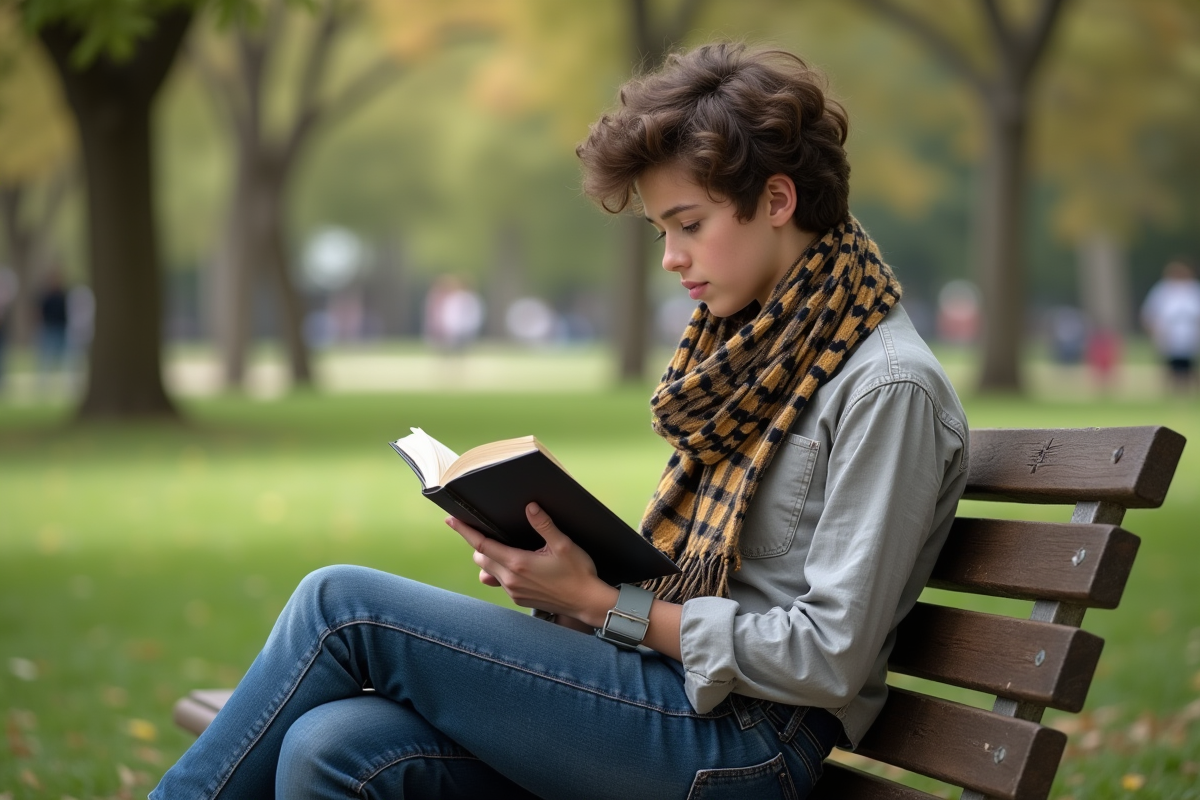 Adolescent nonbinaire lisant un livre sur un banc de parc