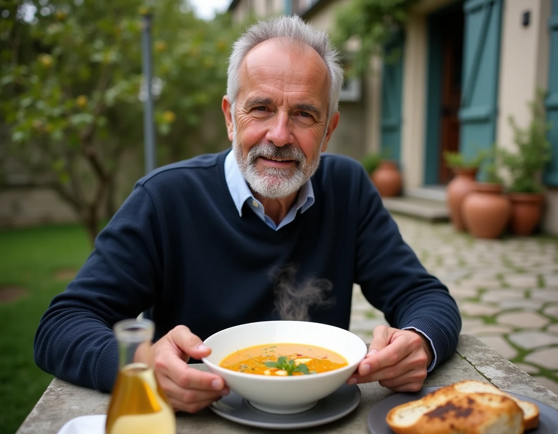 Homme mangeant une soupe de légumes en terrasse d'une auberge normande près de Deauville après le jour de marché