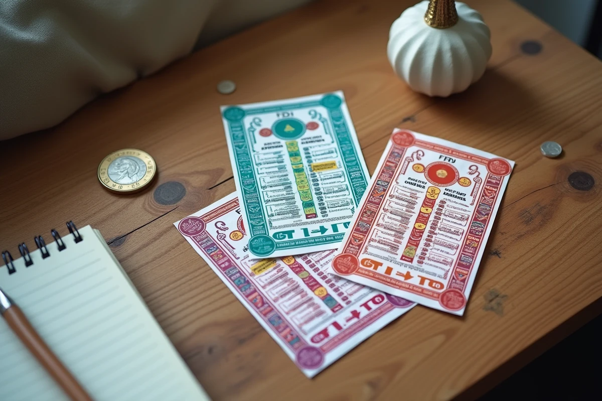 Vue de dessus de tickets à gratter FDJ et pièce de monnaie sur une table en bois