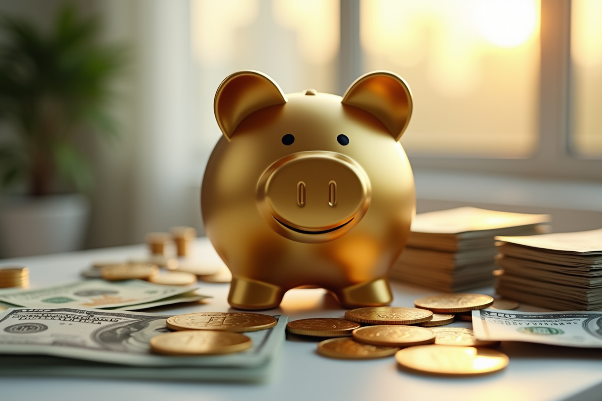 Tirelire en or entourée de billets et pièces lors d une crise financière