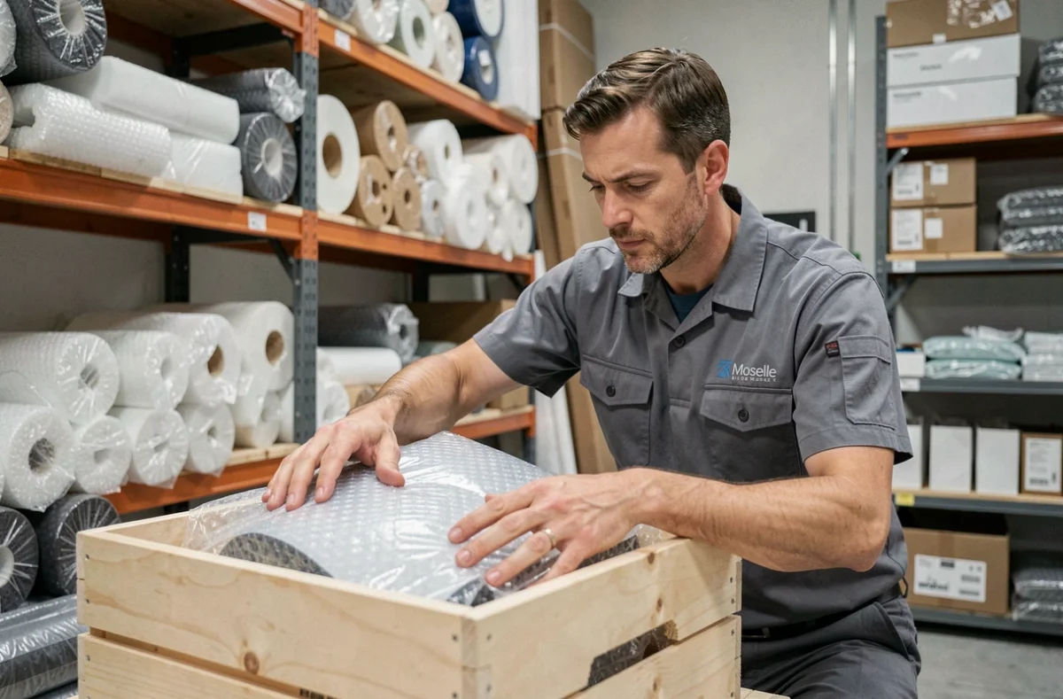 Employé de Traslo Service Limited emballant des objets fragiles dans un atelier d'emballage en Moselle