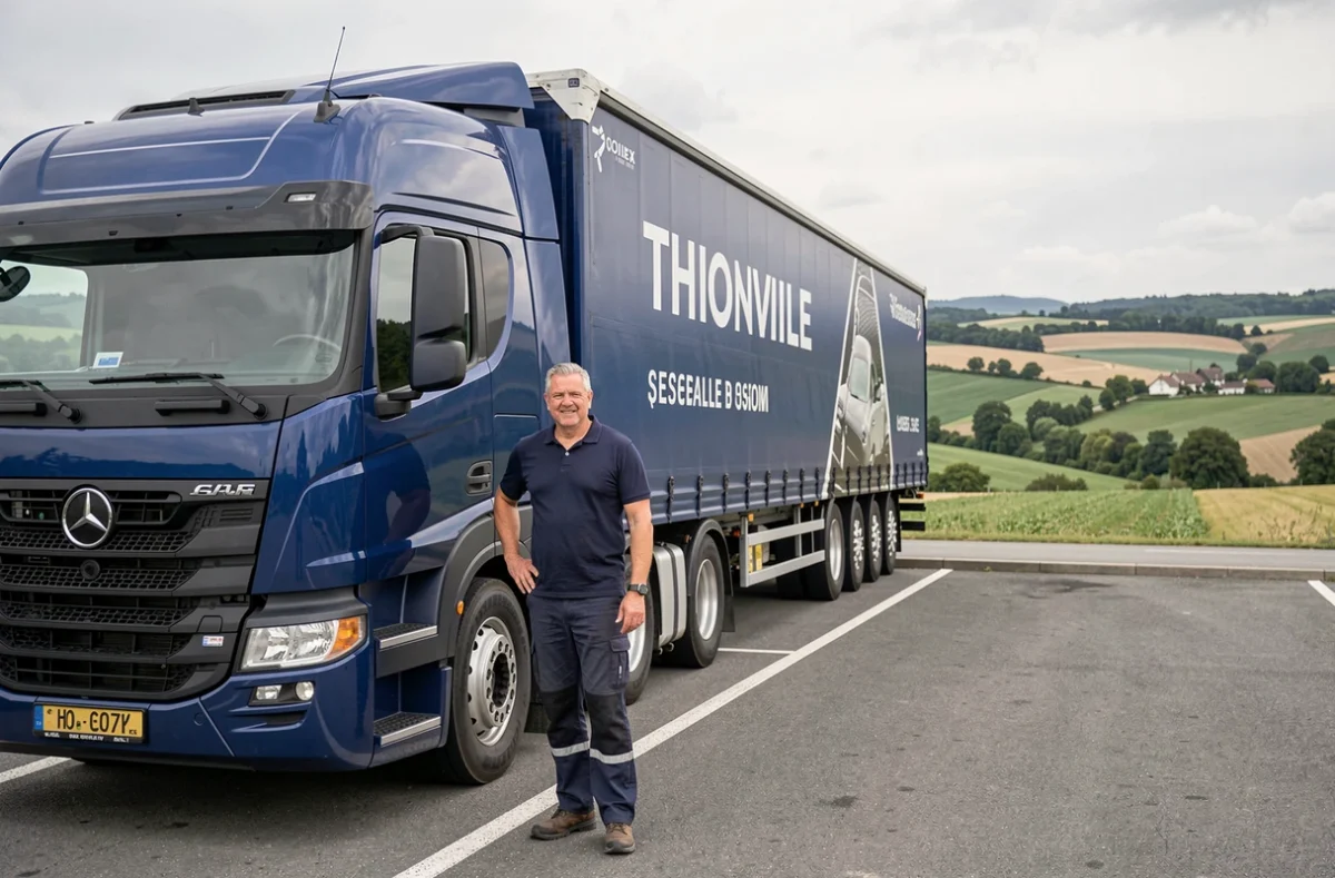 Chauffeur de T.S Trans-Service posant devant son camion de transport longue distance en Moselle