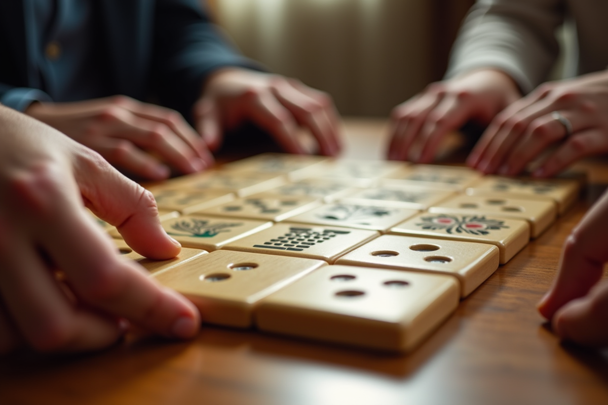 Gros plan sur des tuiles Rummikub avec joker et mains qui jouent