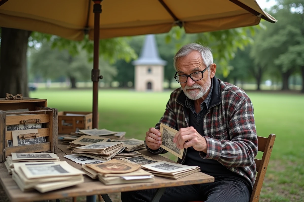 Vendeur âgé triant de vieilles cartes postales et photos sur son stand de vide grenier dans l'Ain