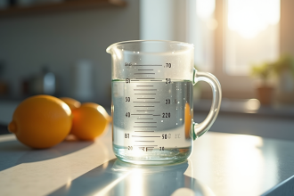 Verre mesure d'eau sur plan de cuisine en lumière naturelle