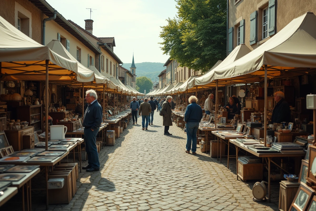 Vue panoramique d'un grand vide grenier animé dans une rue d'une commune de l'Ain