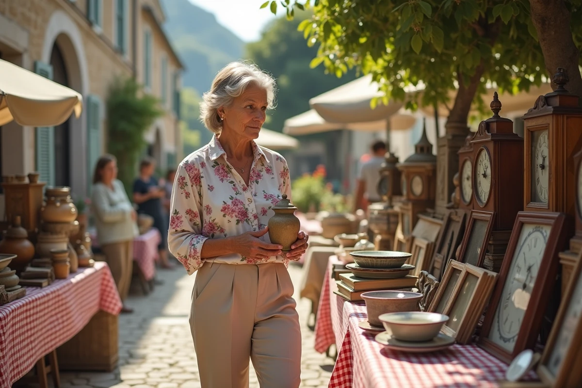Femme examinant un vase vintage lors d'un vide grenier en plein air dans un village de l'Ain
