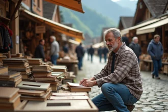 Homme d'âge moyen examinant des livres anciens lors d'un vide grenier en Savoie
