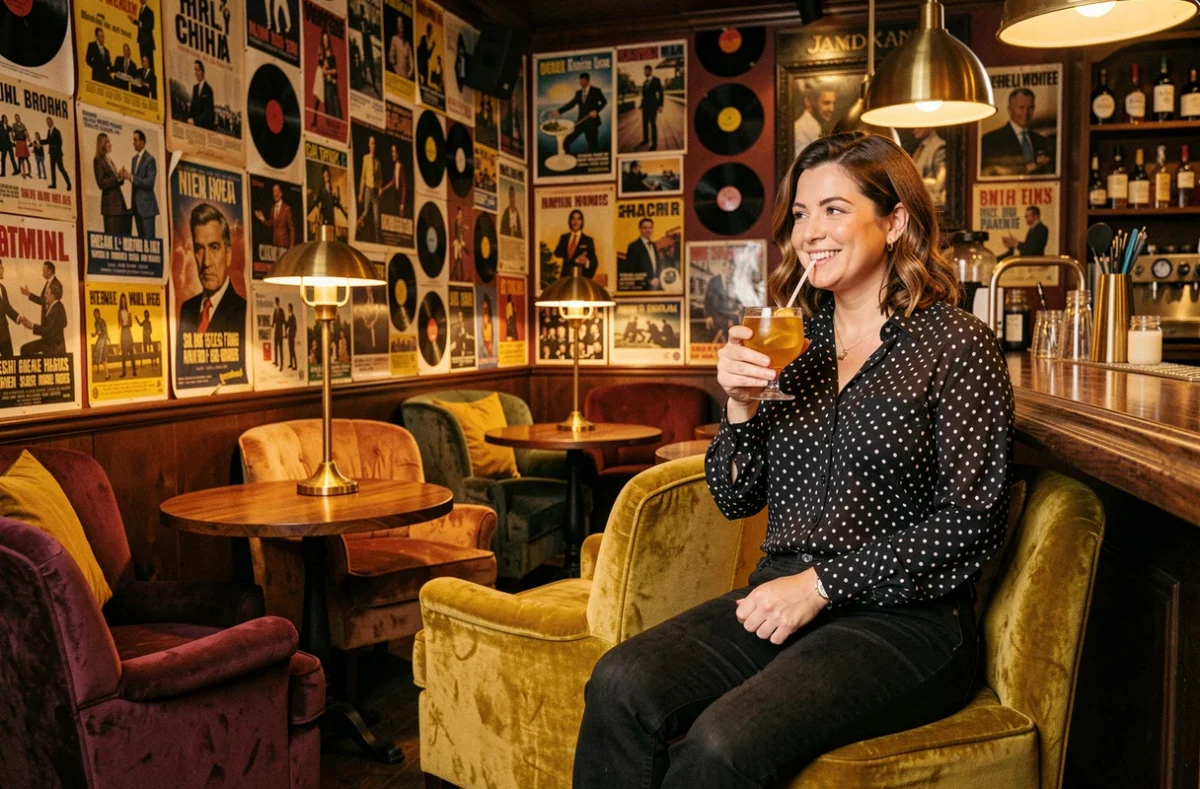 Intérieur rétro du Vintage Bar avec affiches anciennes, fauteuils en velours et atmosphère des années 60