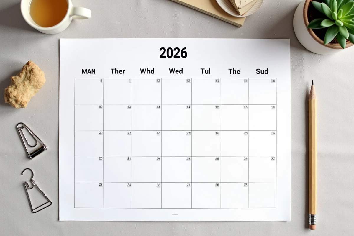 Vue de dessus d'un calendrier mensuel 2026 imprimé posé sur une nappe en lin avec des fournitures de bureau